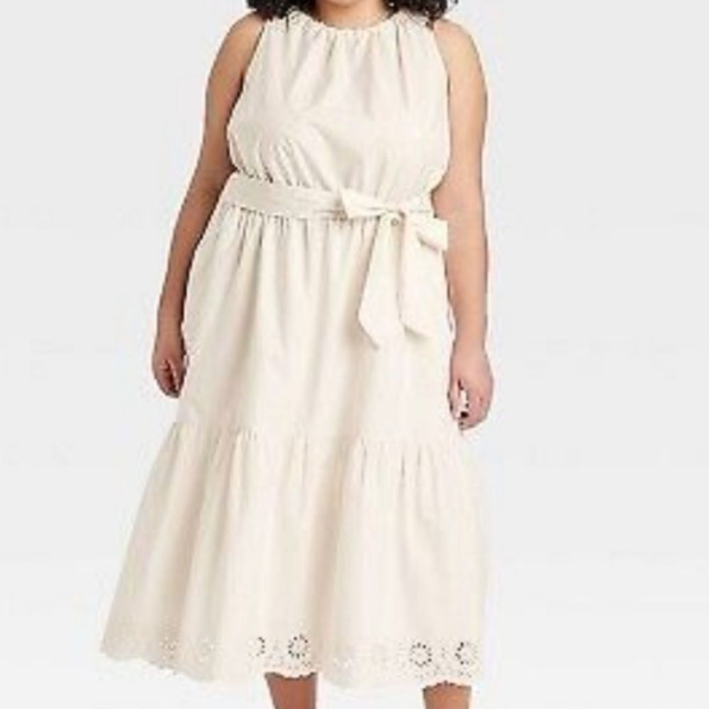 Ava & Viv 1X Cream Beige Maxi Dress with Eyelet Hem Relaxet fit pockets